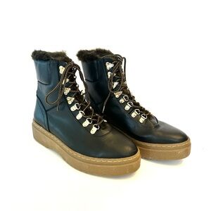 Zara fur lined lug sole lace up black boots, size 39